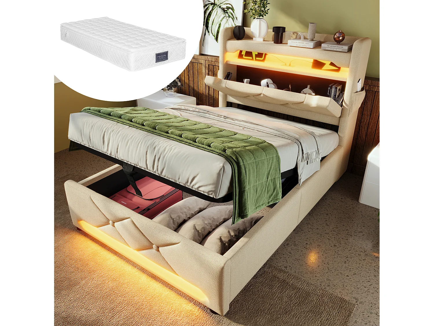 Łóżko tapicerowane ze schowkiem - 90 x 200 cm - zagłówek z USB + Type-C + LED - schowek hydrauliczny - z materacem - len - beż 4211692 - obrazek 1