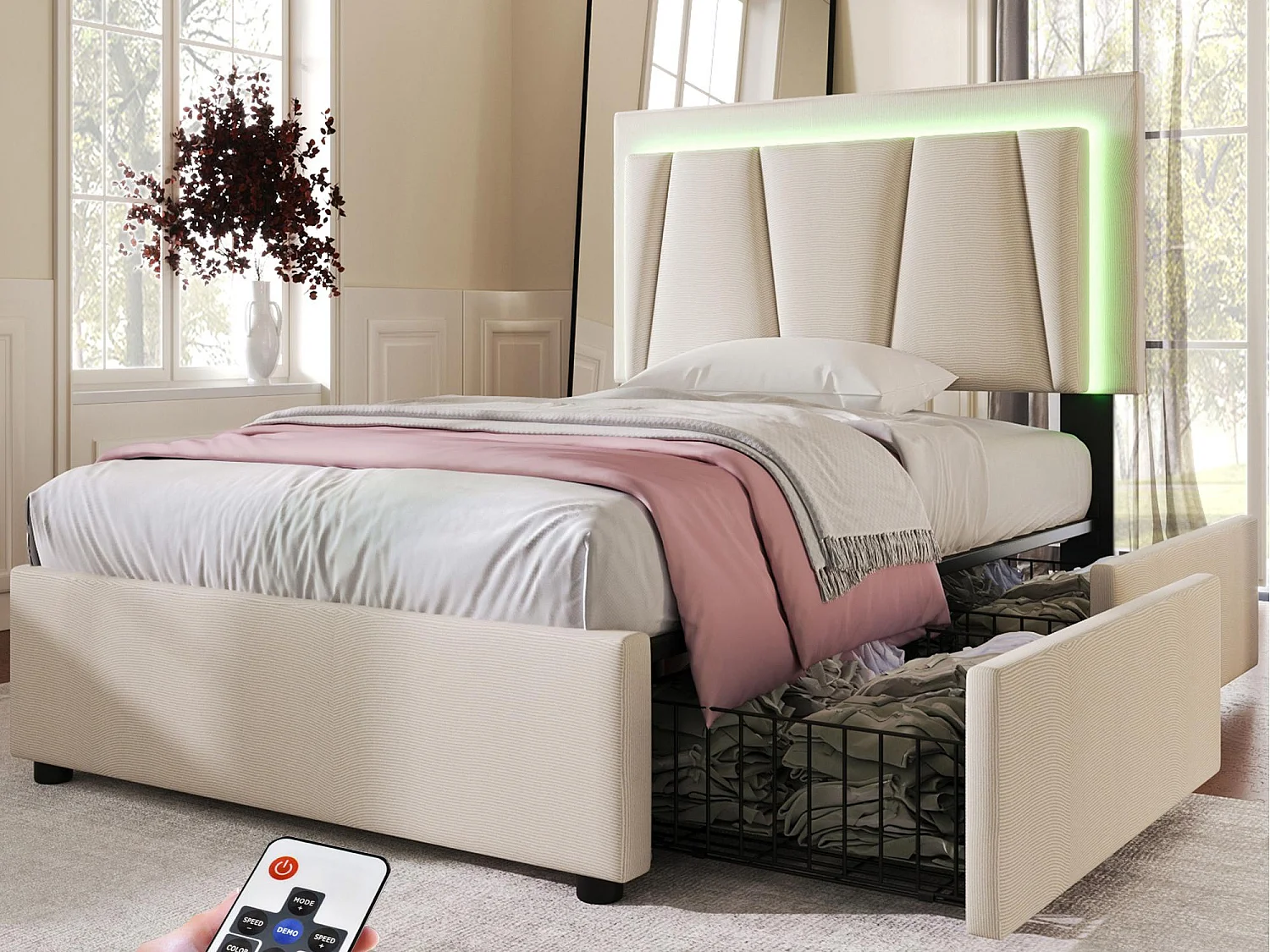 Łóżko tapicerowane 90x200cm z lnu - z 2 szufladami + LED + stelażem na listwy - Beżowe 1579785 - obrazek 1