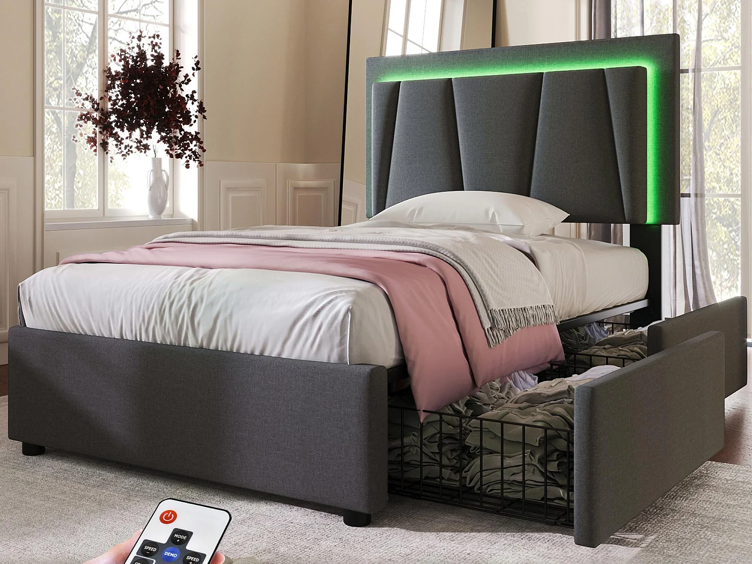 Łóżko tapicerowane 90x200cm z lnu - z 2 szufladami + LED + stelażem na listwy - Szary 1579771 - obrazek 1