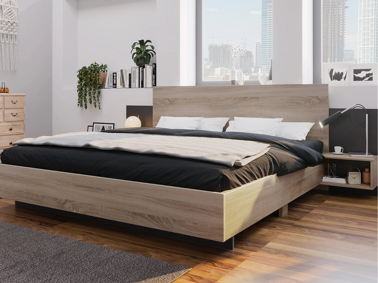 Łóżko podwójne 160x200cm z litego drewna - z 2 stolikami nocnymi + stelaż na materac - Naturalne 1384851 - obrazek 1