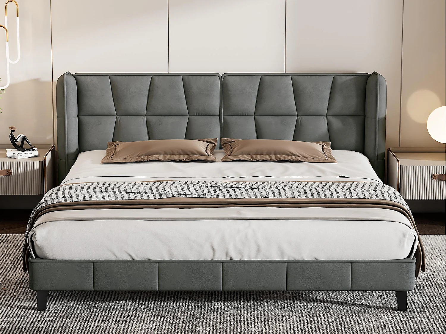 Łóżko podwójne tapicerowane welurem - 180x200cm - z stelażem na listwach - Szare 1399225 - obrazek 1