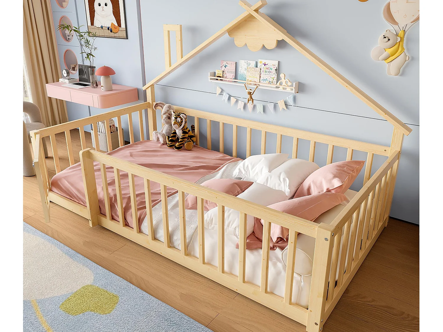 Łóżko typu domki dla dzieci 90x190cm – z barierkami ochronnymi – drewno lite – naturalne (bez materaca) 4252602