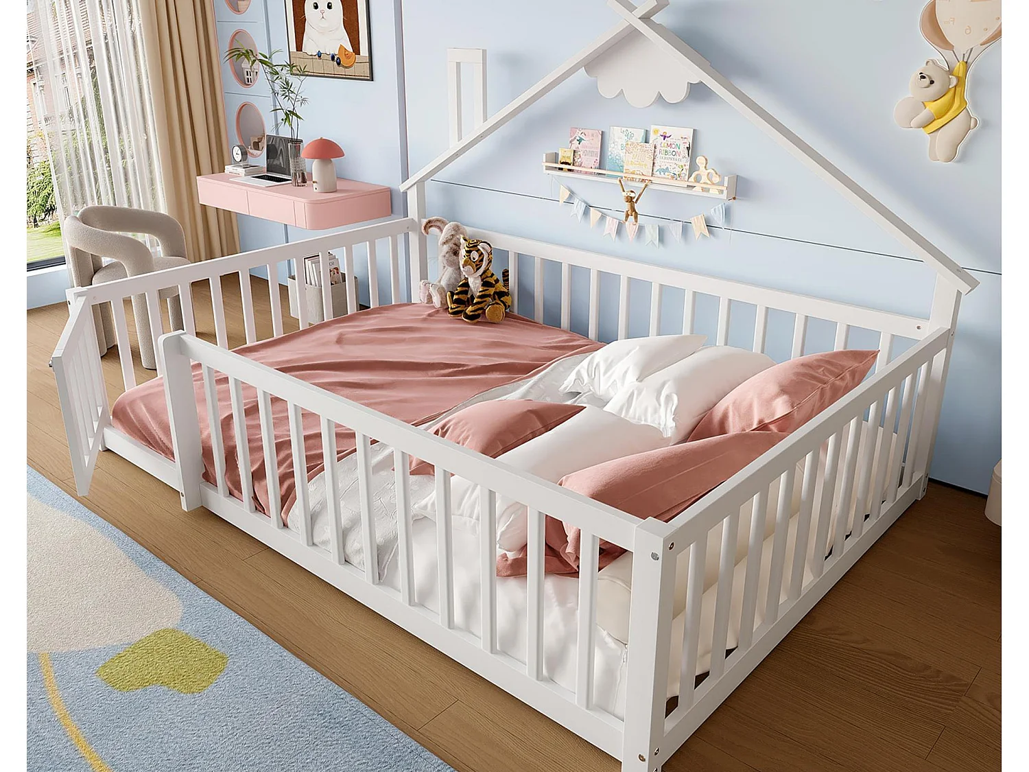 Łóżko typu domki dla dzieci 140x190cm – z barierkami ochronnymi – drewno lite – białe (bez materaca) 4252601