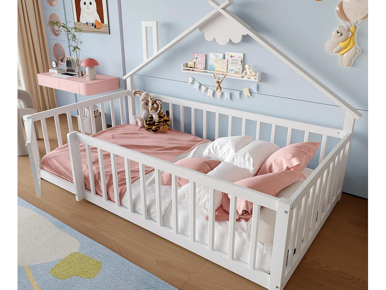 Łóżko typu domki dla dzieci 90x190cm – z barierkami ochronnymi – drewno lite – białe (bez materaca) 4252604