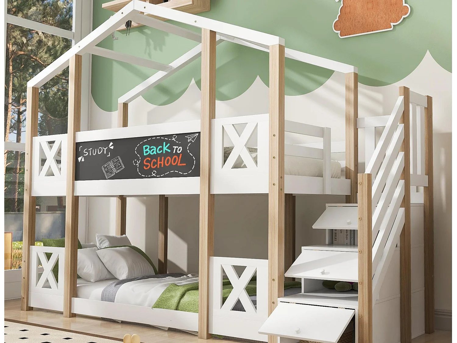 Łóżko piętrowe w stylu domku z drewna sosnowego 90x200cm - z barierami przeciwupadkowymi + schodami do przechowywania + tablicą kredową - Naturalne & Białe 1402141 - obrazek 1