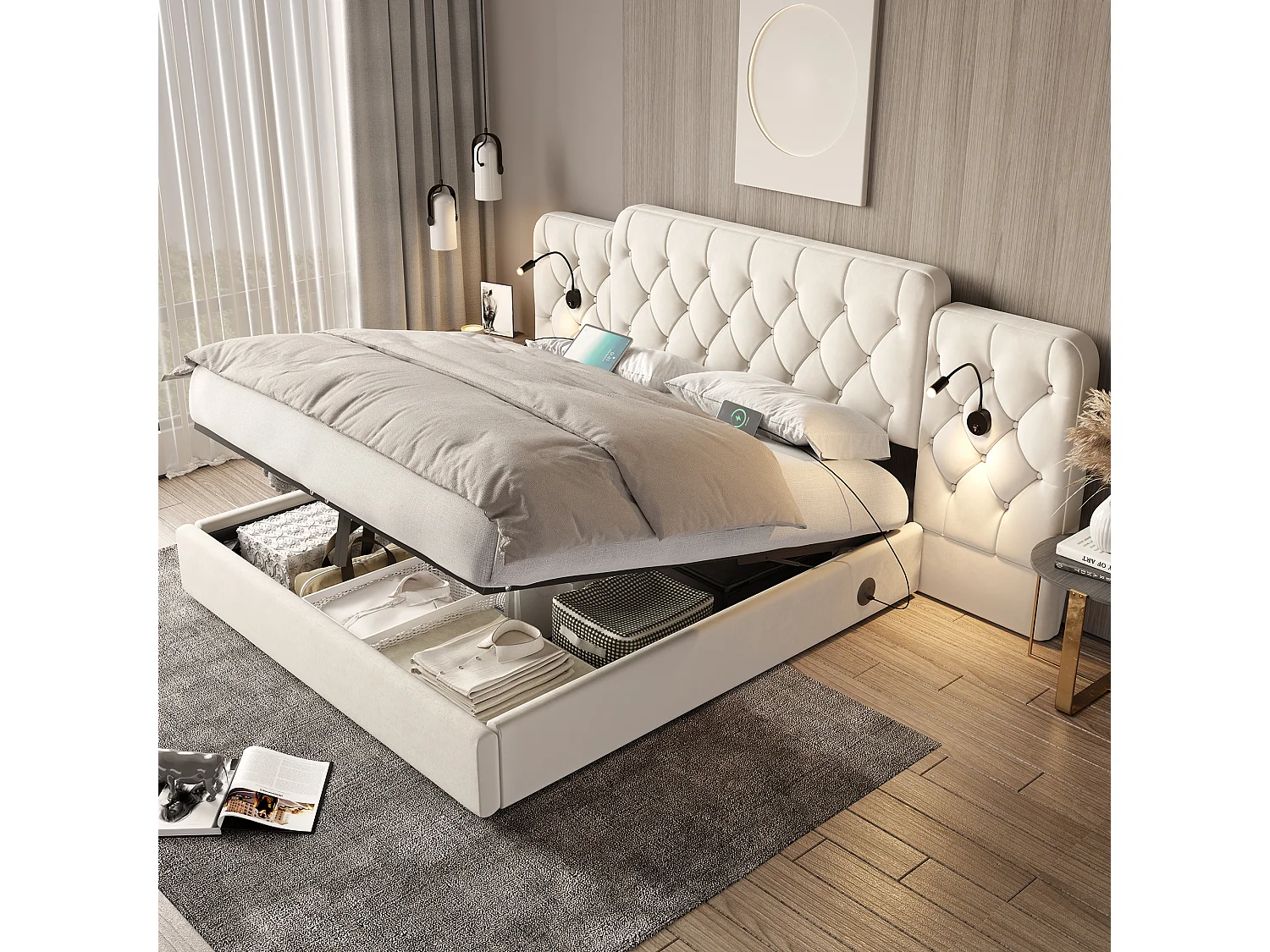 Łóżko tapicerowane ze schowkiem - 160 x 200 cm - z długim wezgłowiem + porty USB + lampka biurkowa - aksamit - beż 4253327 - obrazek 1