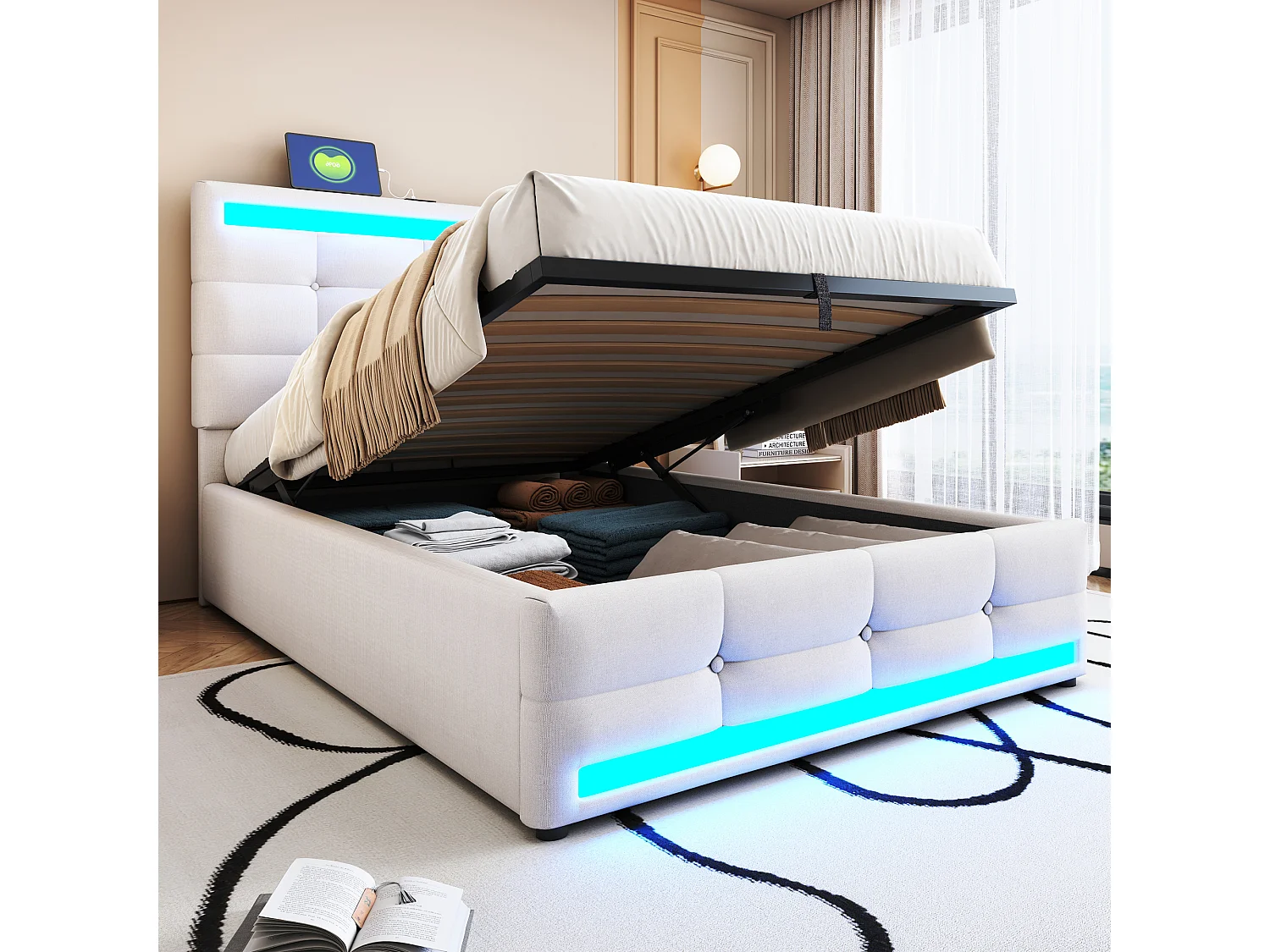 Łóżko tapicerowane ze schowkiem - 90 x 200 - schowek hydrauliczny - z USB + LED - len + sklejka + MDF - beż 4253465 - obrazek 1