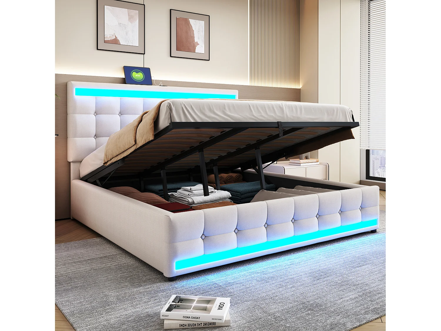 Łóżko tapicerowane ze schowkiem - 180 x 200 - schowek hydrauliczny - z USB + LED - len + sklejka + MDF - beż 4253463 - obrazek 1