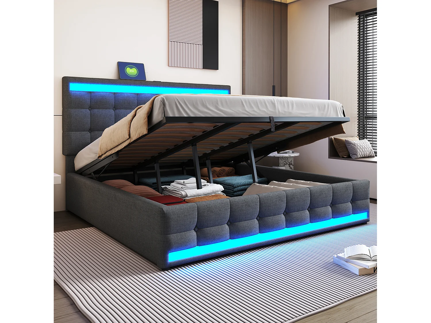 Łóżko tapicerowane ze schowkiem - 180 x 200 - schowek hydrauliczny - z USB + LED - len + sklejka + MDF - szare 4253464 - obrazek 1