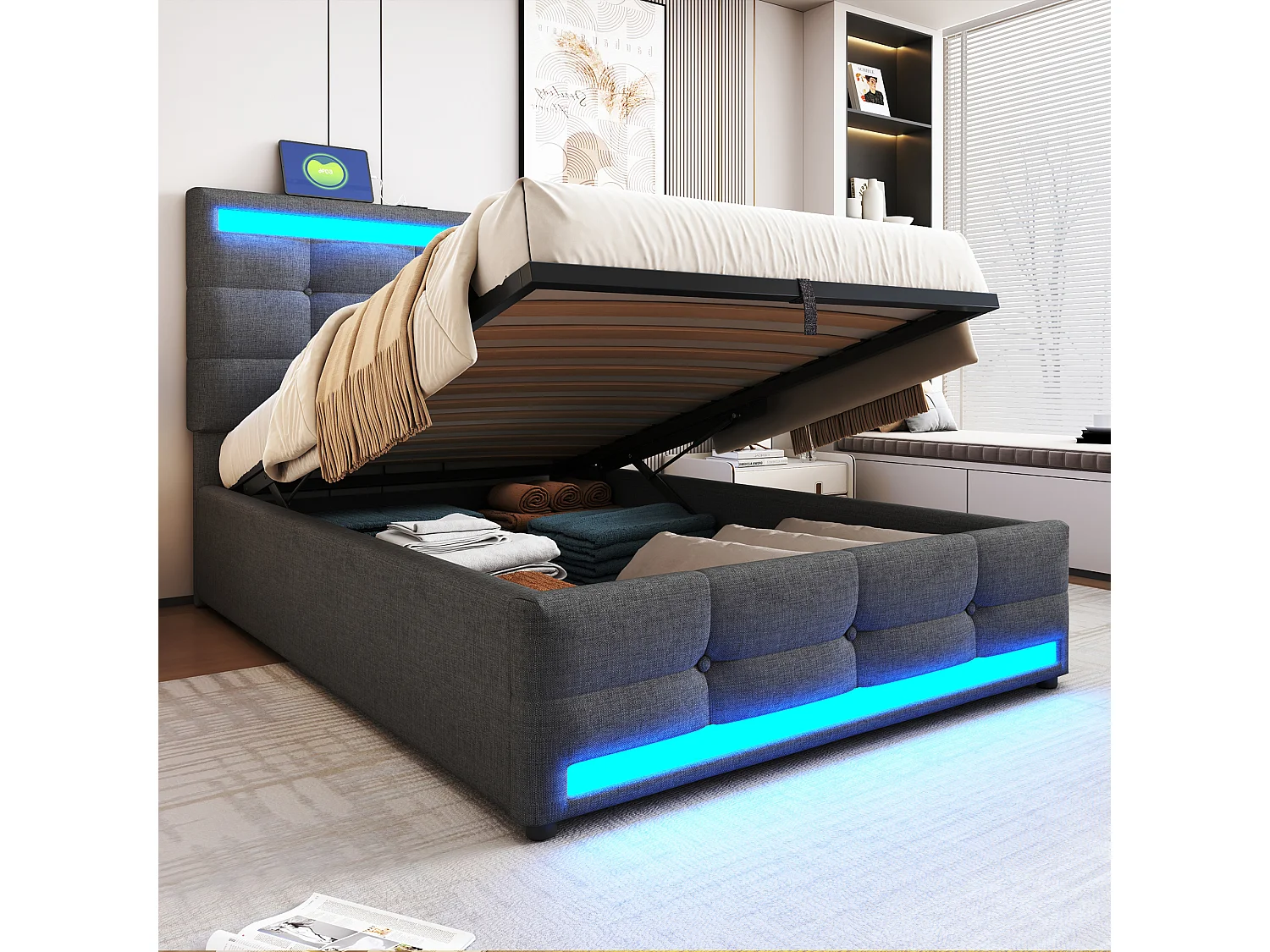 Łóżko tapicerowane ze schowkiem - 90 x 200 - schowek hydrauliczny - z USB + LED - len + sklejka + MDF - szare 4253466 - obrazek 1