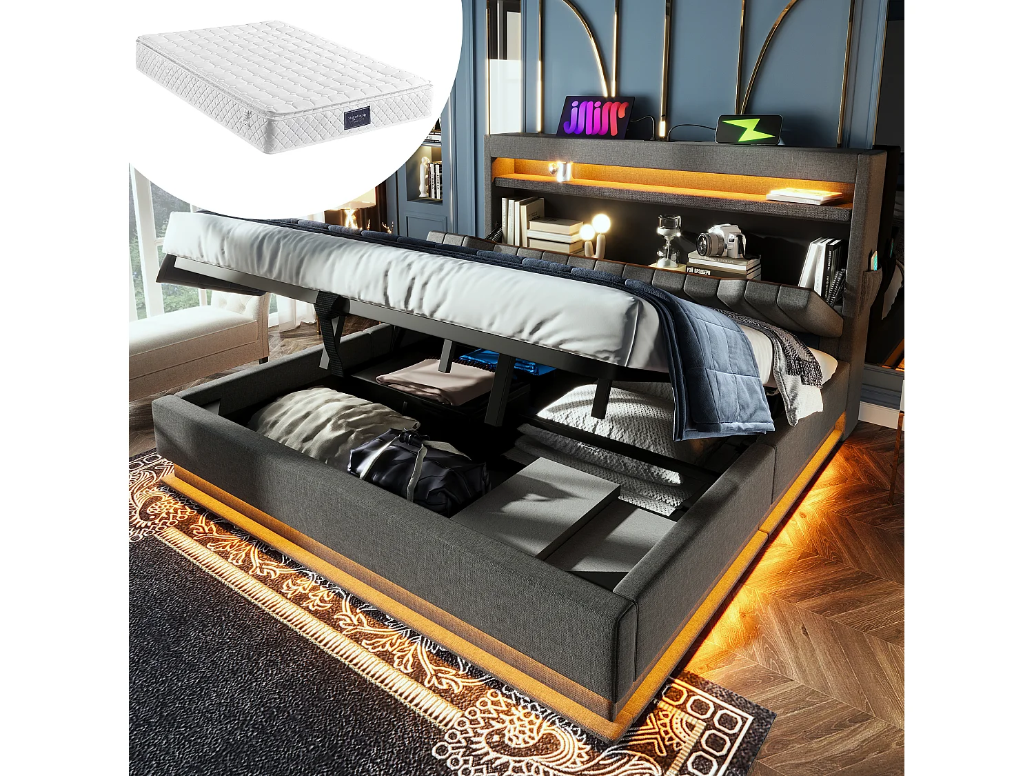 Łóżko tapicerowane ze schowkiem - 140 x 200 cm - zagłówek ze schowkiem z USB i Type-C - z diodami LED - z materacem - len - szary 4257533 - obrazek 1