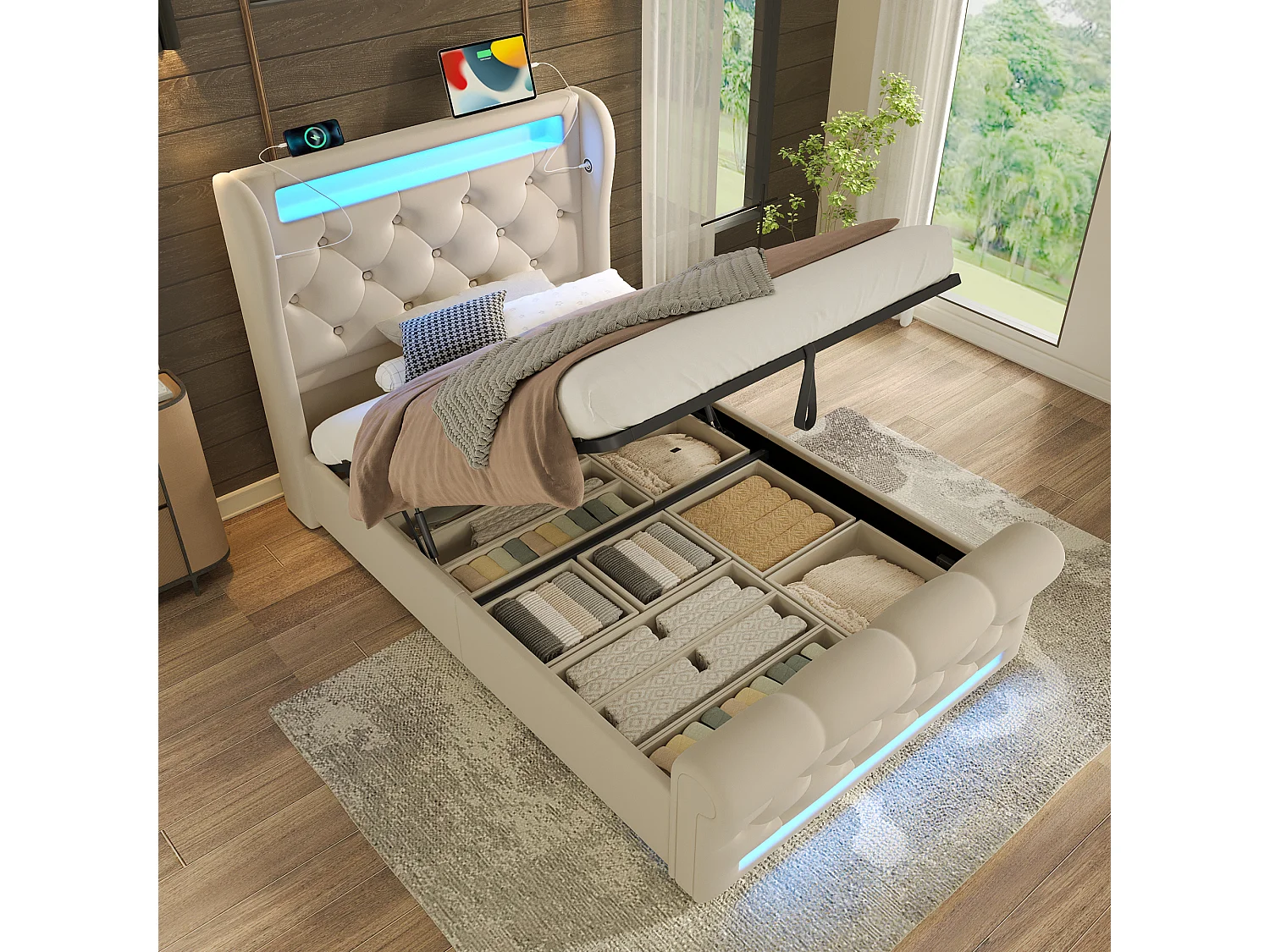Łóżko tapicerowane ze schowkiem - 90 x 200 cm - z diodami LED - zagłówek ze schowkiem i USB - aksamit - beż 4257536 - obrazek 1