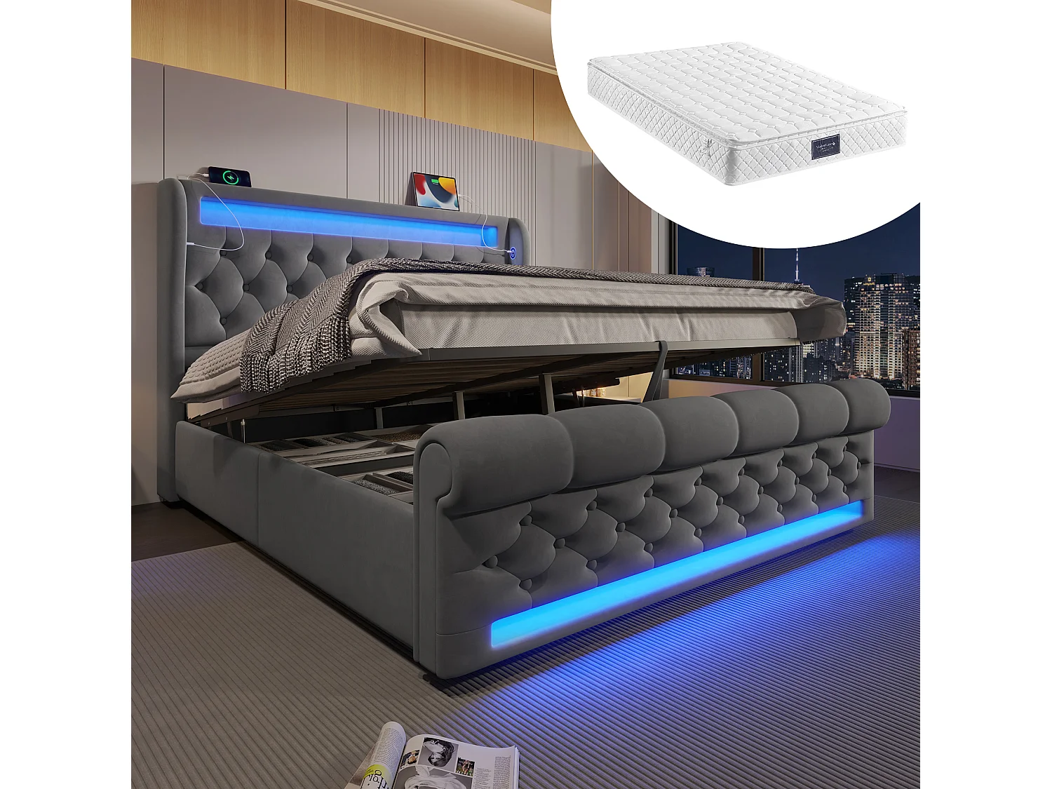 Łóżko tapicerowane ze schowkiem - 140 x 200 cm - z diodami LED - zagłówek ze schowkiem i USB - z materacem - aksamit - szary 4257534 - obrazek 1