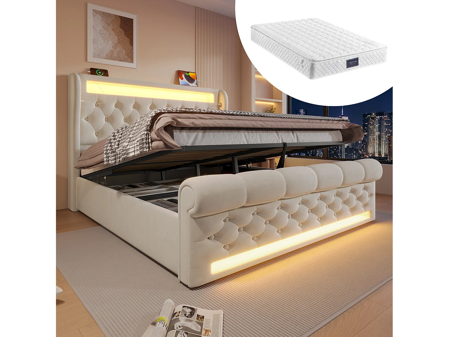 Łóżko tapicerowane ze schowkiem - 160 x 200 cm - z diodami LED - zagłówek ze schowkiem i USB - z materacem - aksamit - beż 4257570 - obrazek 1