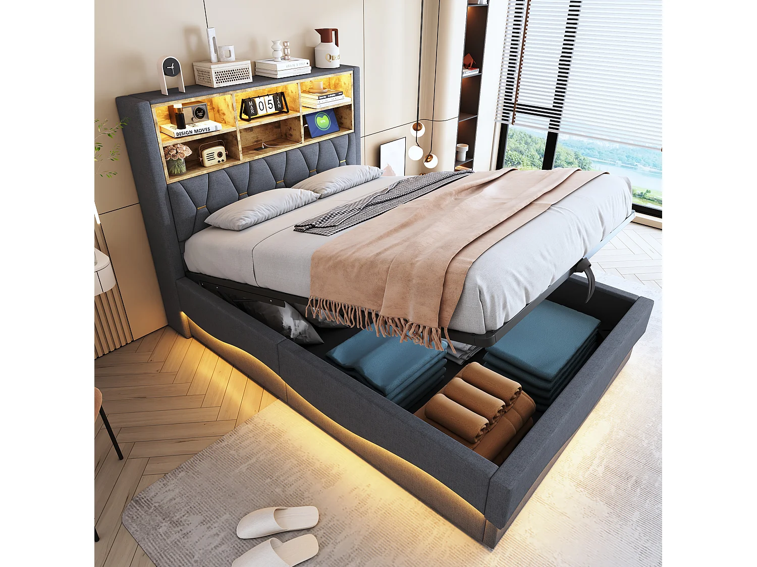 Łóżko tapicerowane ze schowkiem - 140 x 200 cm - schowek hydrauliczny - z diodami LED + USB - Len + Metal + Sklejka + MDF - szare 4257576 - obrazek 1