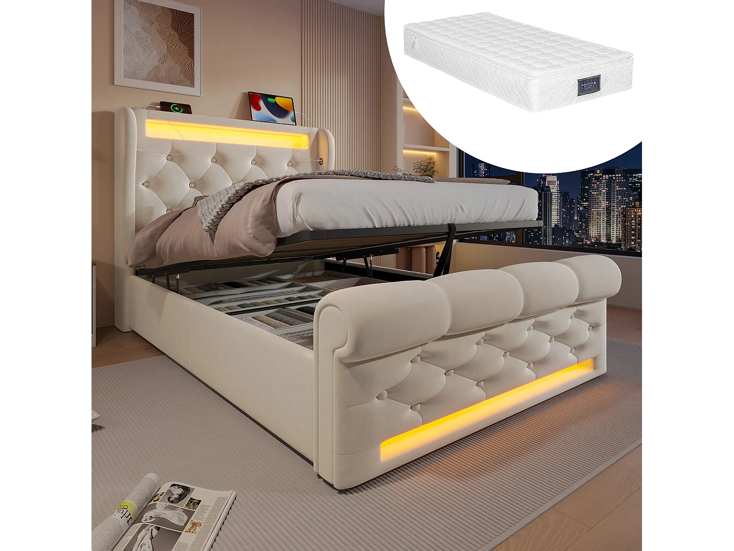 Łóżko tapicerowane ze schowkiem - 90 x 200 cm - z diodami LED - zagłówek ze schowkiem i USB - z materacem - aksamit - beż 4257579 - obrazek 1