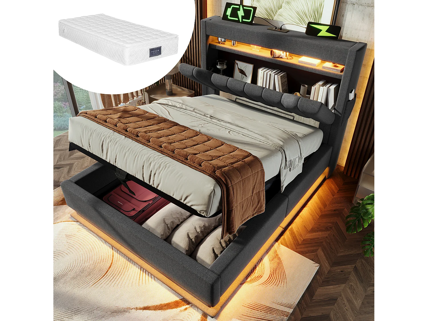 Łóżko tapicerowane ze schowkiem – 90 x 200 cm – zagłówek ze schowkiem z USB i Type-C – z diodami LED – z materacem – len – szary 4257584