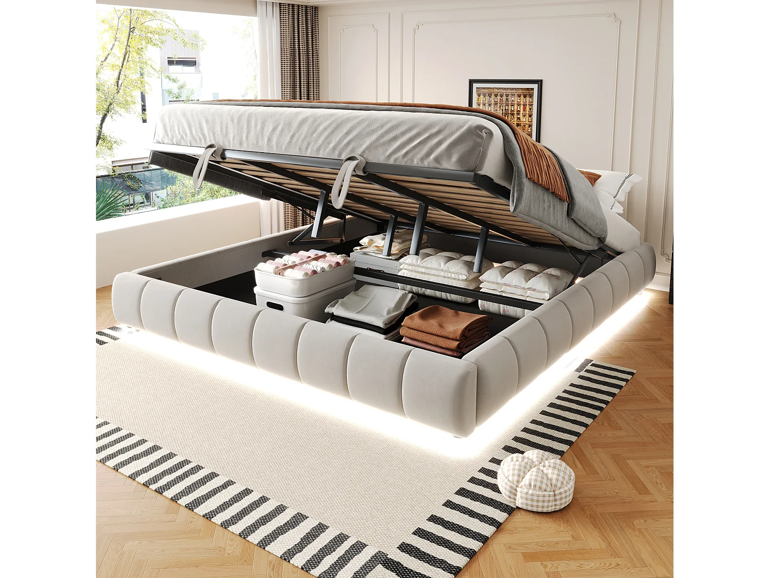 Łóżko tapicerowane ze schowkiem - 180 x 200 cm - bez wezgłowia - z diodami LED - aksamit + sklejka + MDF - beżowe 4257598 - obrazek 1