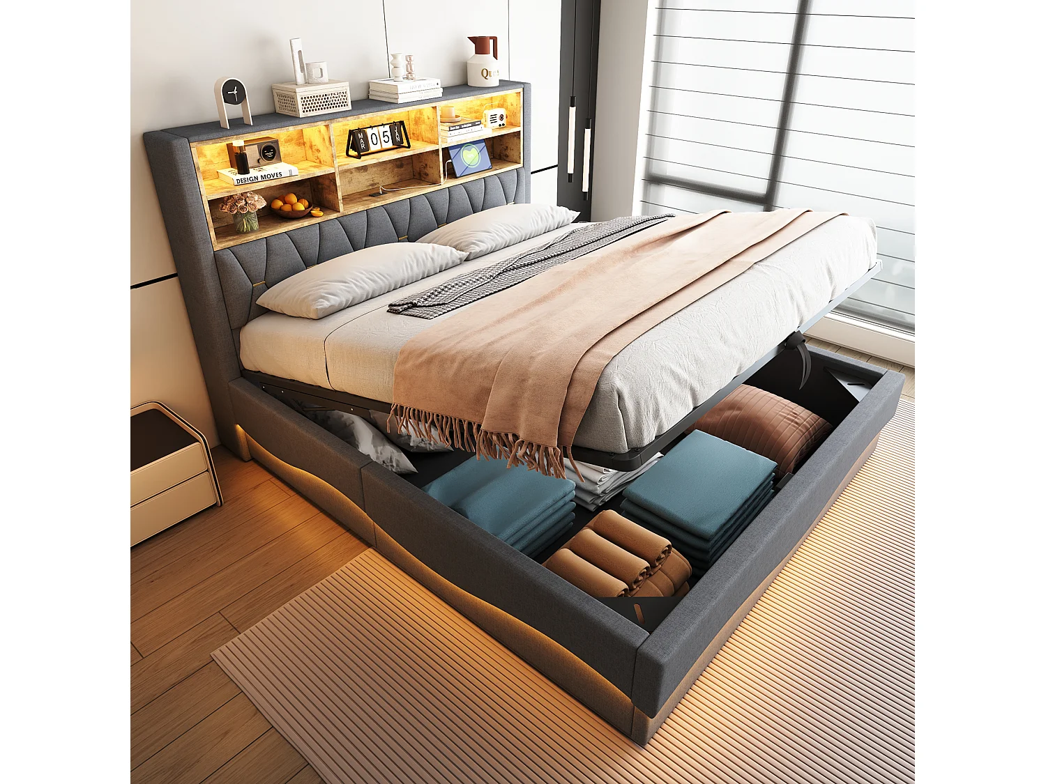 Łóżko tapicerowane ze schowkiem - 180 x 200 cm - schowek hydrauliczny - z diodami LED + USB - Len + Metal + Sklejka + MDF - szare 4257601 - obrazek 1