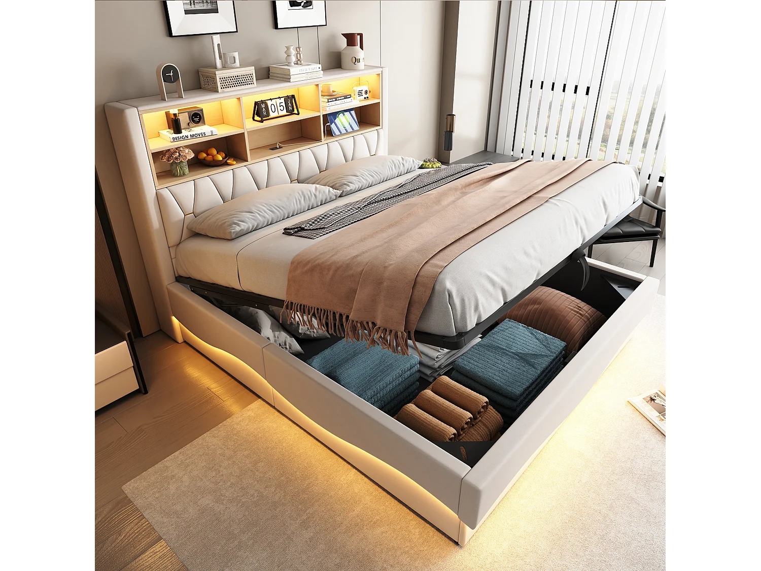 Łóżko tapicerowane ze schowkiem - 180 x 200 cm - schowek hydrauliczny - z diodami LED + USB - Len + Metal + Sklejka + MDF - białe 4257602 - obrazek 1