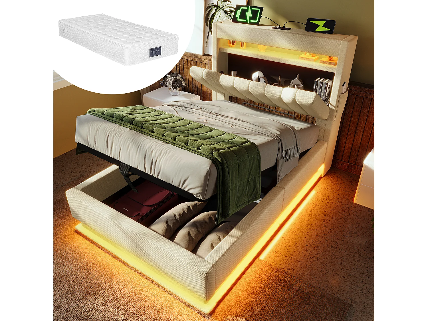 Łóżko tapicerowane ze schowkiem - 90 x 200 cm - zagłówek ze schowkiem z USB i Type-C - z diodami LED - z materacem - len - beż 4257595 - obrazek 1