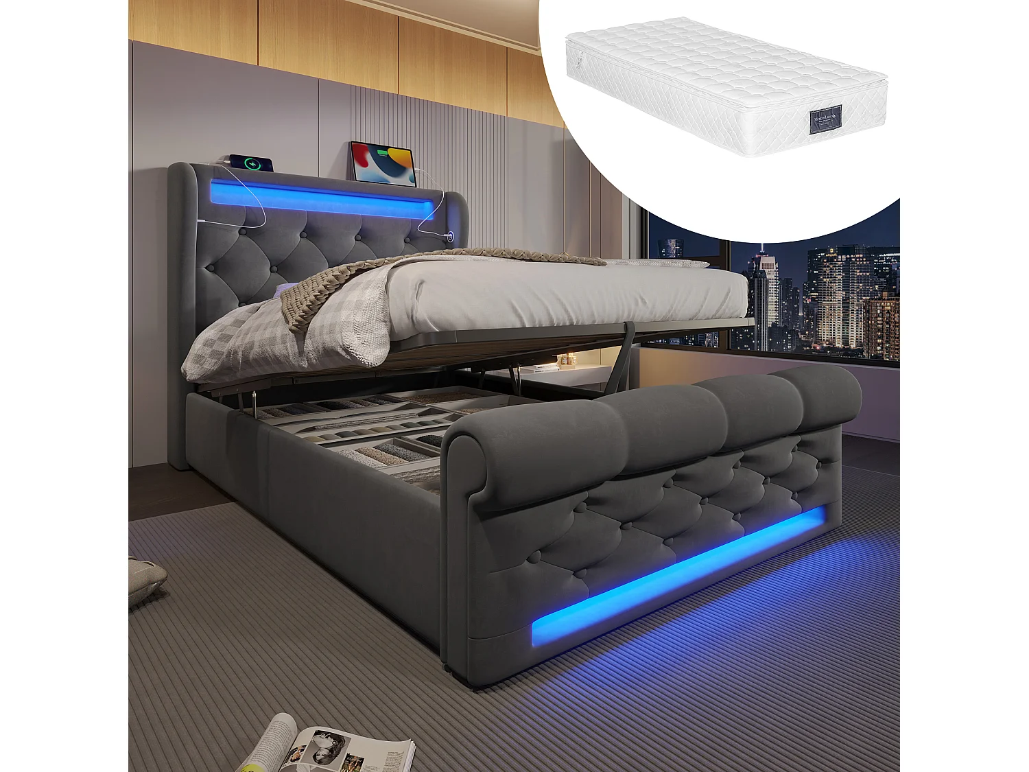 Łóżko tapicerowane ze schowkiem - 90 x 200 cm - z diodami LED - zagłówek ze schowkiem i USB - z materacem - aksamit - szary 4257604 - obrazek 1
