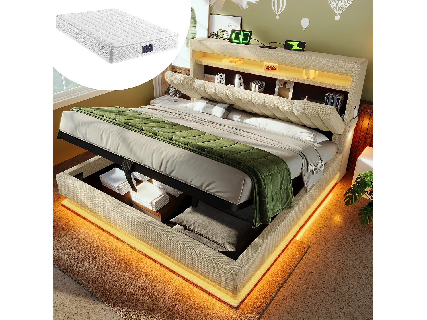 Łóżko tapicerowane ze schowkiem - 160 x 200 cm - zagłówek ze schowkiem z USB i Type-C - z diodami LED - z materacem - len - beż 4257606 - obrazek 1