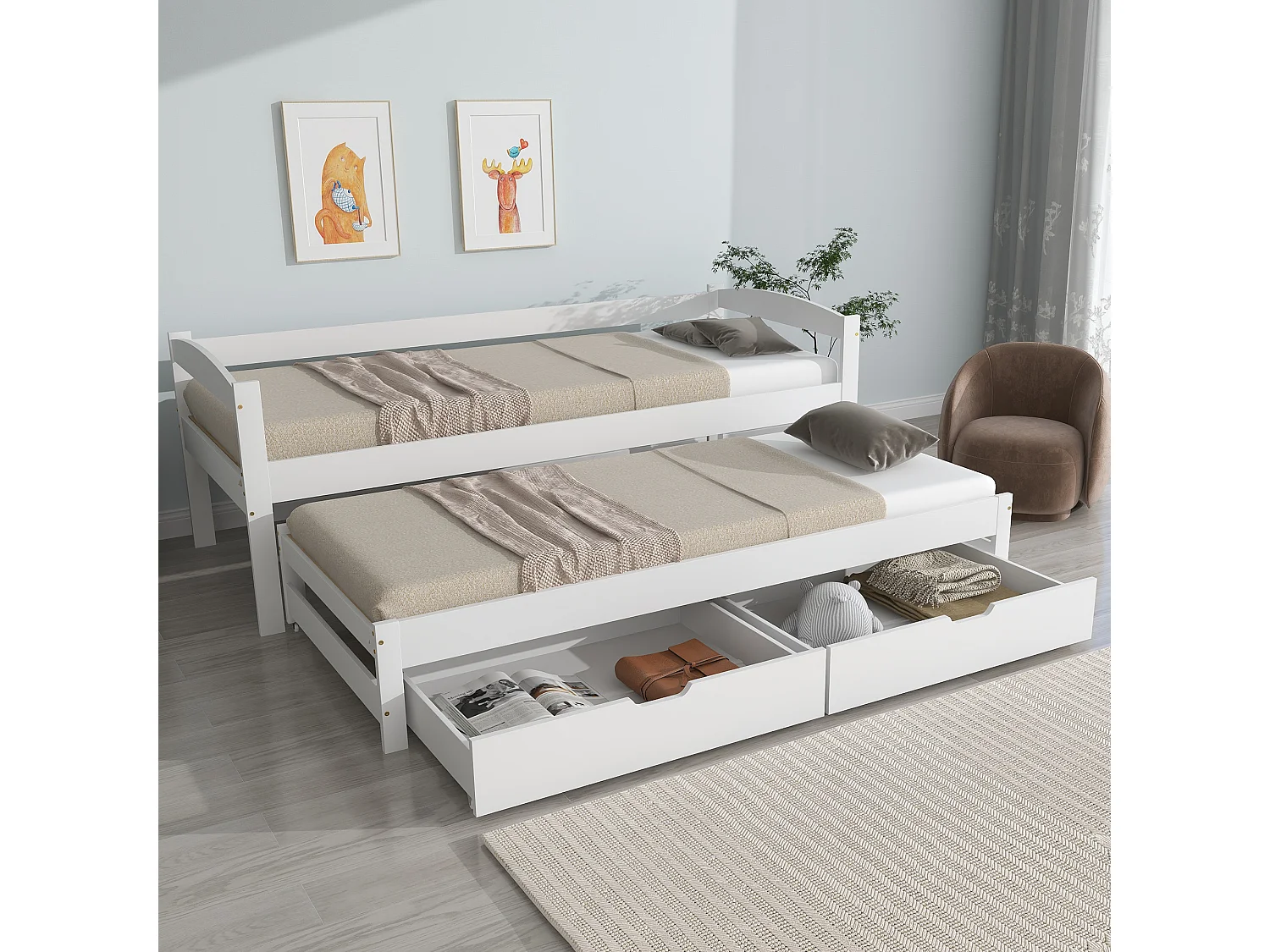Łóżko rozkładane dla dzieci - 90 x 190/200 cm - z łóżkiem wysuwanym + 2 szuflady - Drewno + MDF - Biały 4273596 - obrazek 1