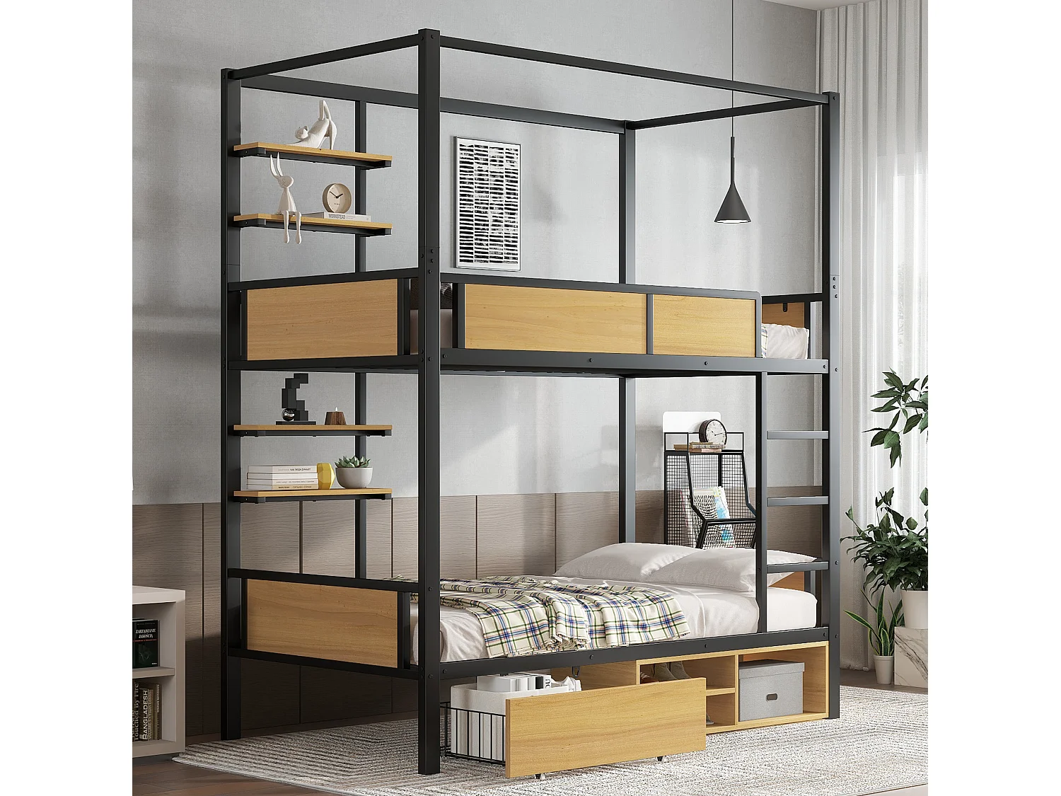 Łóżko piętrowe dla dzieci z żelaza - 2 x 90 x 200 cm - podwójna półka + 1 szuflada + schowek pod łóżkiem - metal - czarny + naturalny 4273627 - obrazek 1