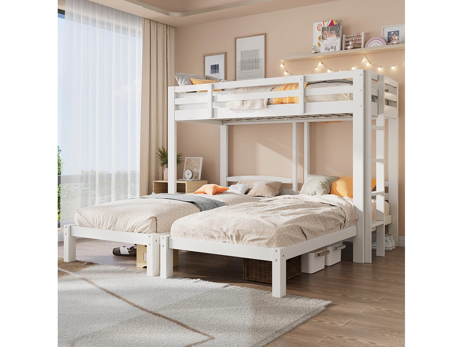 Łóżko piętrowe potrójne - 3 x 90 x 200 cm - z boczną drabinką dla dzieci i nastolatków - Drewno - Biały 4273650 - obrazek 1