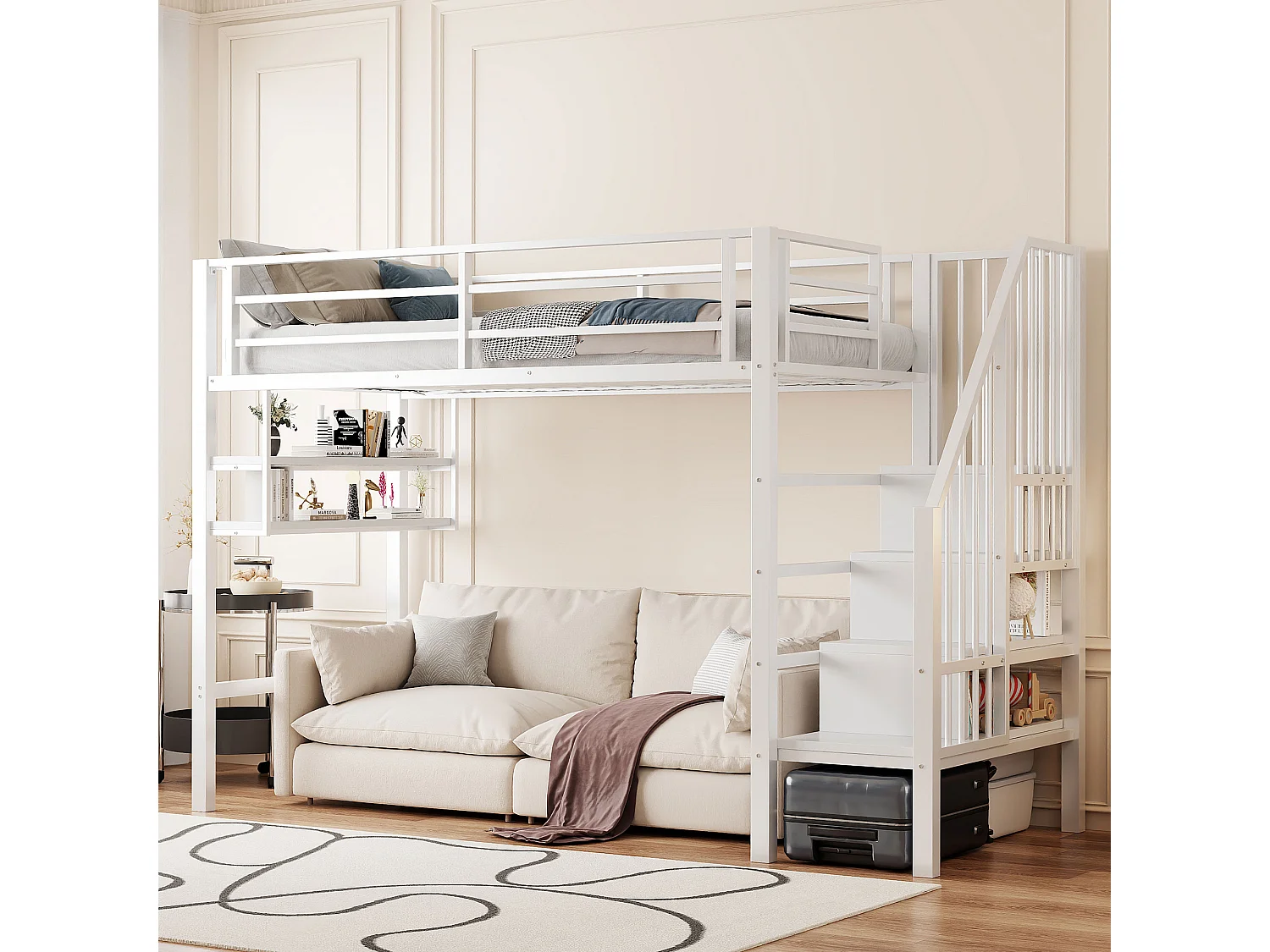 Łóżko piętrowe dla dzieci – 90 x 200 cm – z półkami i drabinką – metal + MDF – białe 4273663