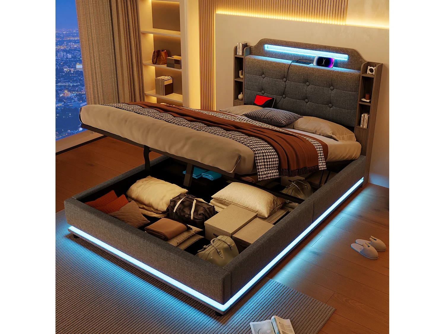 Łóżko tapicerowane ze schowkiem - 140 x 200 cm - z diodami LED + USB + TYPE-C - zagłówek ze schowkiem - len - szary 4273662 - obrazek 1