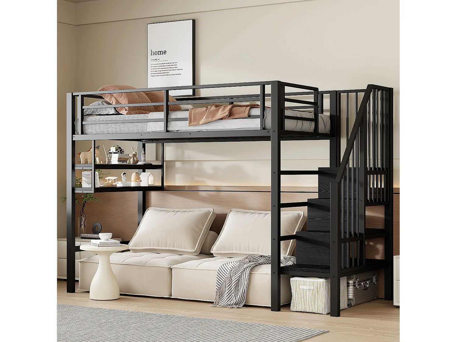 Łóżko piętrowe dla dzieci – 90 x 200 cm – z półkami i drabinką – metal + MDF – czarne 4273664