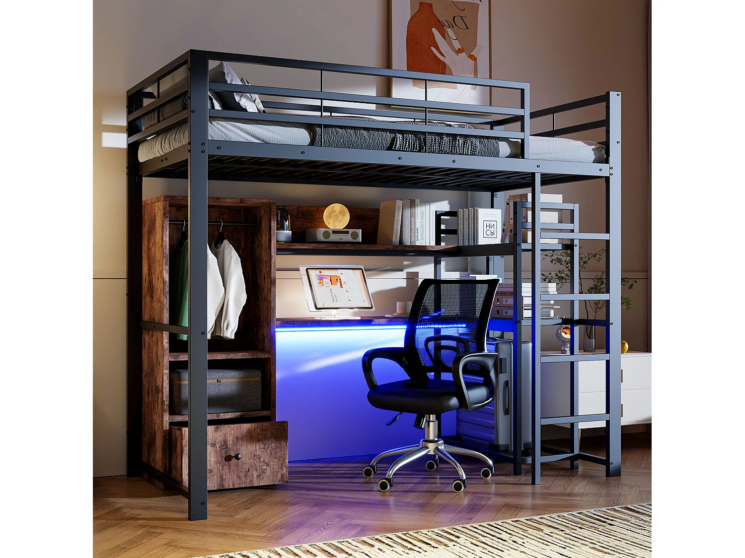 Łóżko piętrowe dla dzieci – 90 x 200 cm – z szafą + LED + biurko + 1 szuflada – MDF + metal – czarne 4273669