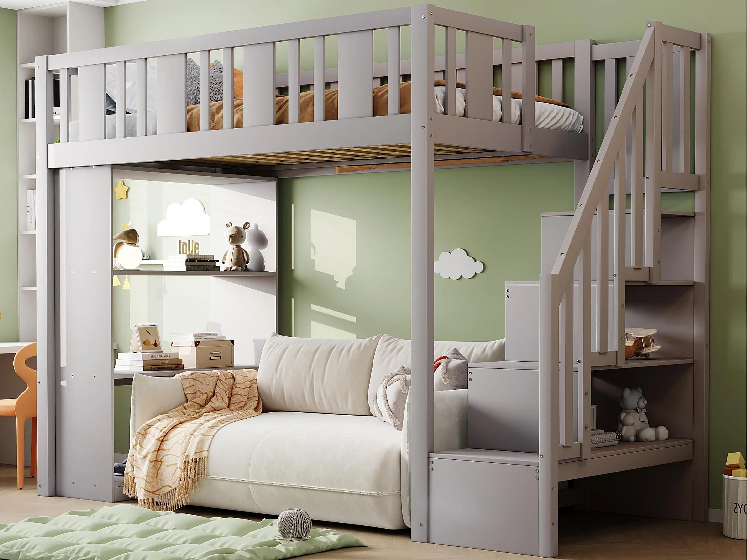 Łóżko typu mezzanine 90x200cm - ze schodami do przechowywania - z komorami do przechowywania - szare (materac nie wliczony) 4285103 - obrazek 1