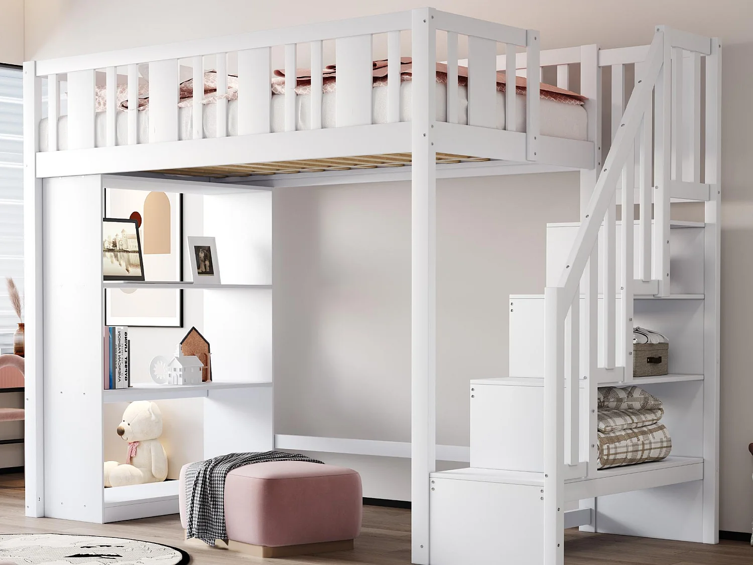 Łóżko typu mezzanine 90x200cm - ze schodami do przechowywania - z komorami do przechowywania - białe (materac nie wliczony) 4285106 - obrazek 1