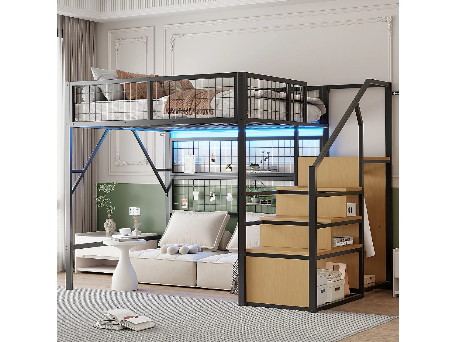 Łóżko piętrowe metalowe dla dzieci - 140 x 200 cm - z szafą + oświetlenie LED + schowek w schodach - MDF + Metal - czarne 4297167 - obrazek 1