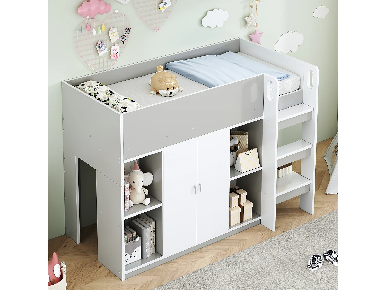 Łóżko piętrowe dla dzieci – 90 x 200 – z 2 drzwiami – z szafą + półki – drewno + MDF – szare 4297170