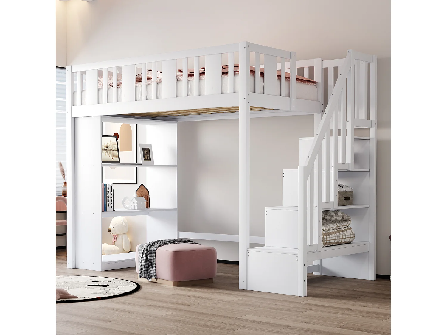 Łóżko piętrowe dla dzieci - 90 x 200 cm - ze schowkiem w schodach i półką - drewno + MDF - białe 4297172 - obrazek 1