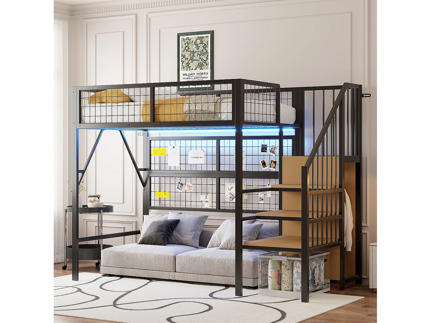 Łóżko piętrowe metalowe dla dzieci - 90 x 200 cm - z szafą + oświetleniem LED + schowkiem w schodach - MDF + Metal - czarne 4297178 - obrazek 1