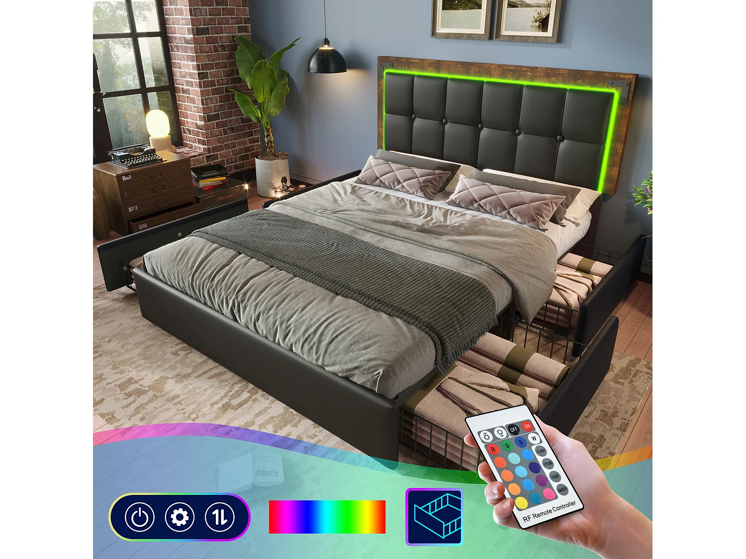 Łóżko podwójne 160 x 200 cm, czarne PU, łóżko dla dorosłych z regulowanym zagłówkiem i 4 szufladami, oświetlenie LED, bez materaca 4316654 - obrazek 1