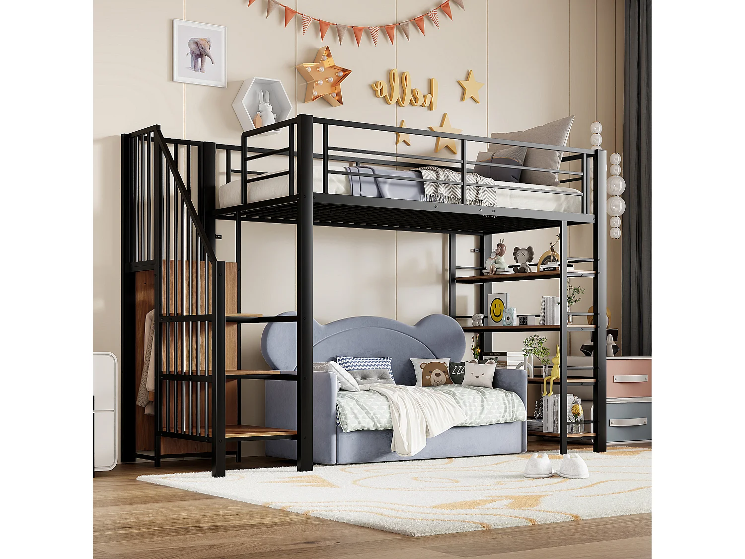 Łóżko piętrowe dla dzieci – 90 x 200 – ze schodami + schowkiem + półkami – MDF + metal – czarne 4322279