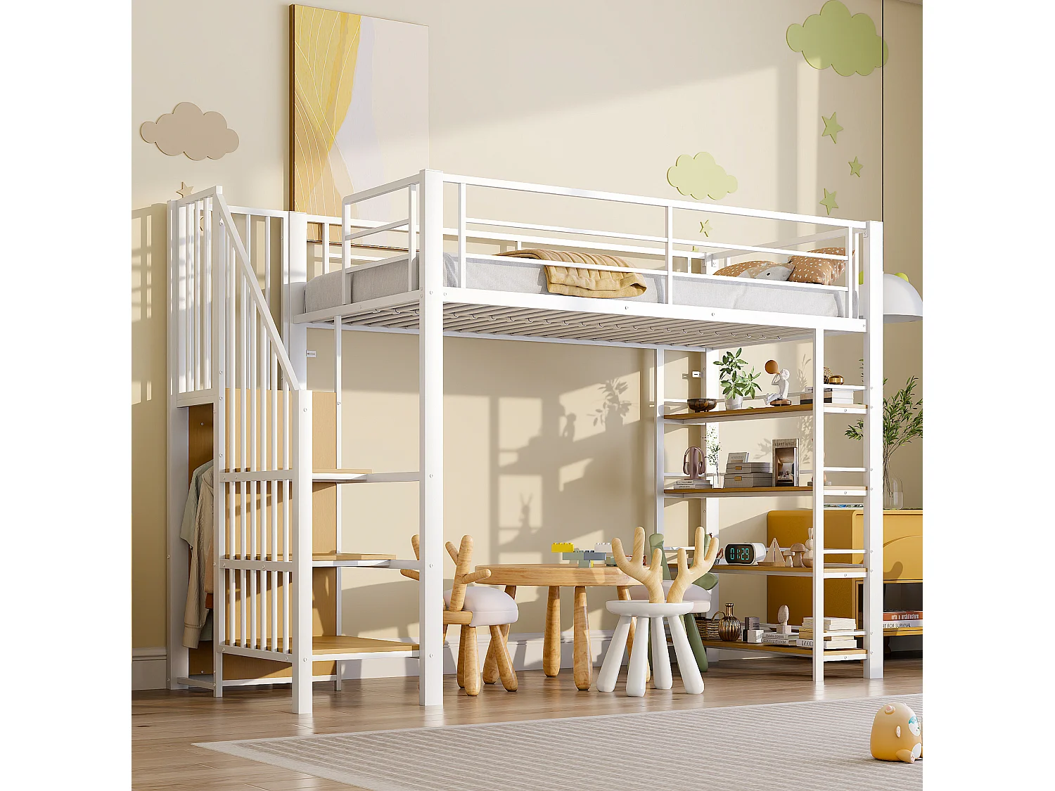 Łóżko piętrowe dla dzieci – 90 x 200 – ze schodami + schowkiem + półkami – MDF + metal – białe 4322334