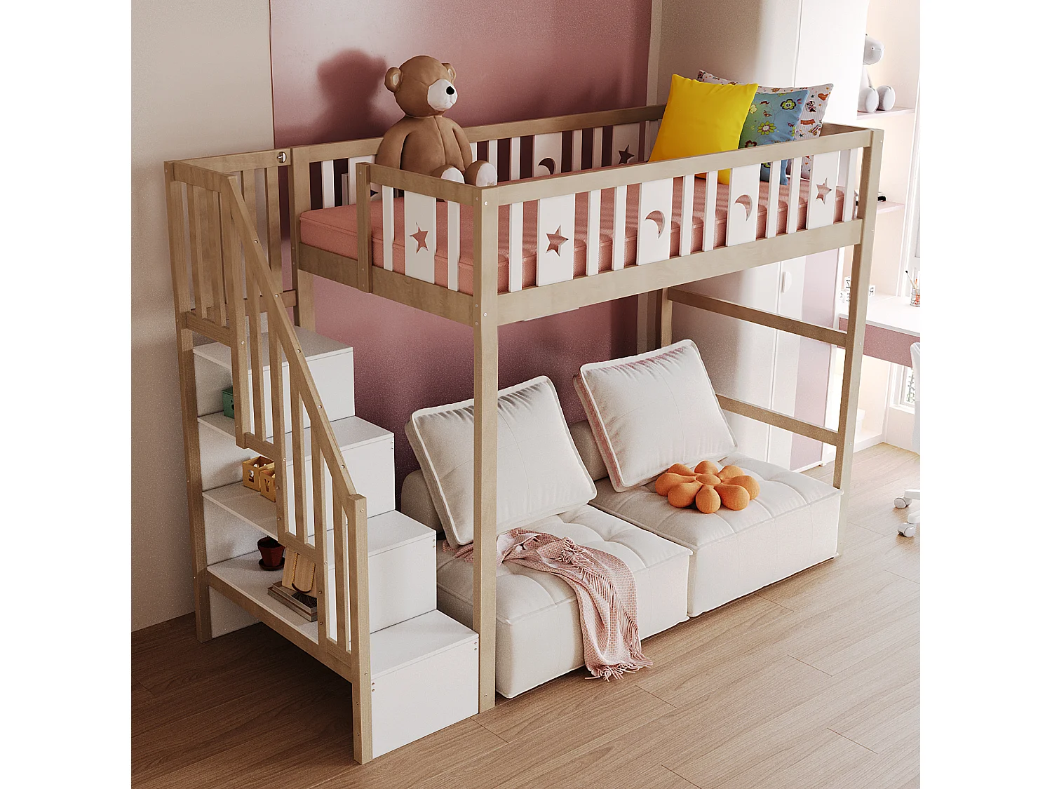 Łóżko piętrowe dla dzieci - 90 x 200 - ze schowkiem w schodach + barierka ochronna - drewno + MDF - naturalne 4322359 - obrazek 1