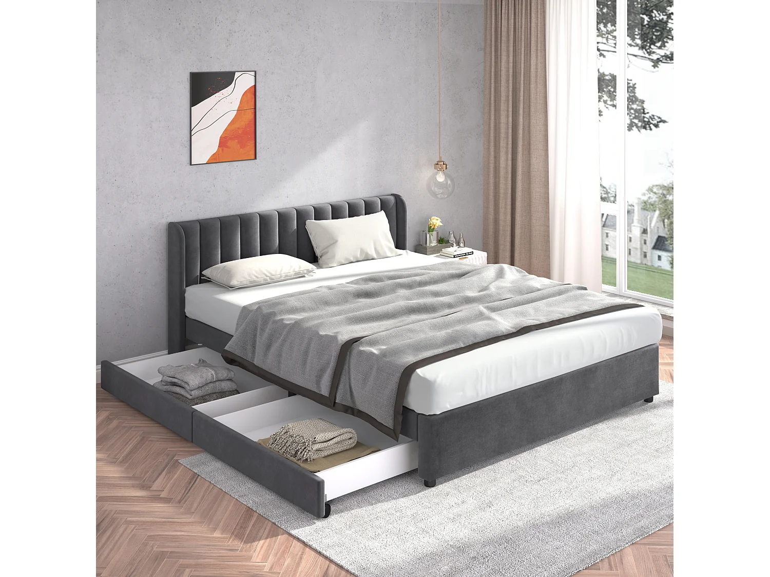 Łóżko tapicerowane z pojemnikiem - 180 x 200 cm - z podstawą + oparcie + 2 szuflady - aksamit - szare 4344618 - obrazek 1