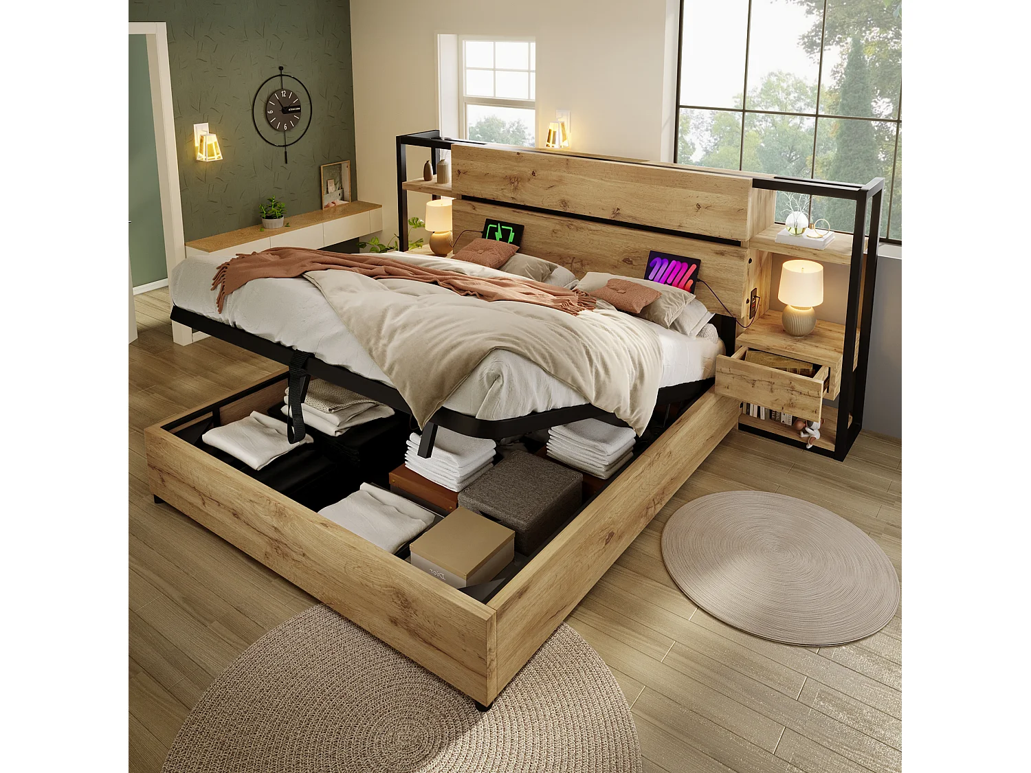 Łóżko podwójne z pojemnikiem na pościel z drewna - 160 x 200 cm - zagłówek z 2 szufladami + USB - MDF + metal - naturalny 4344625 - obrazek 1