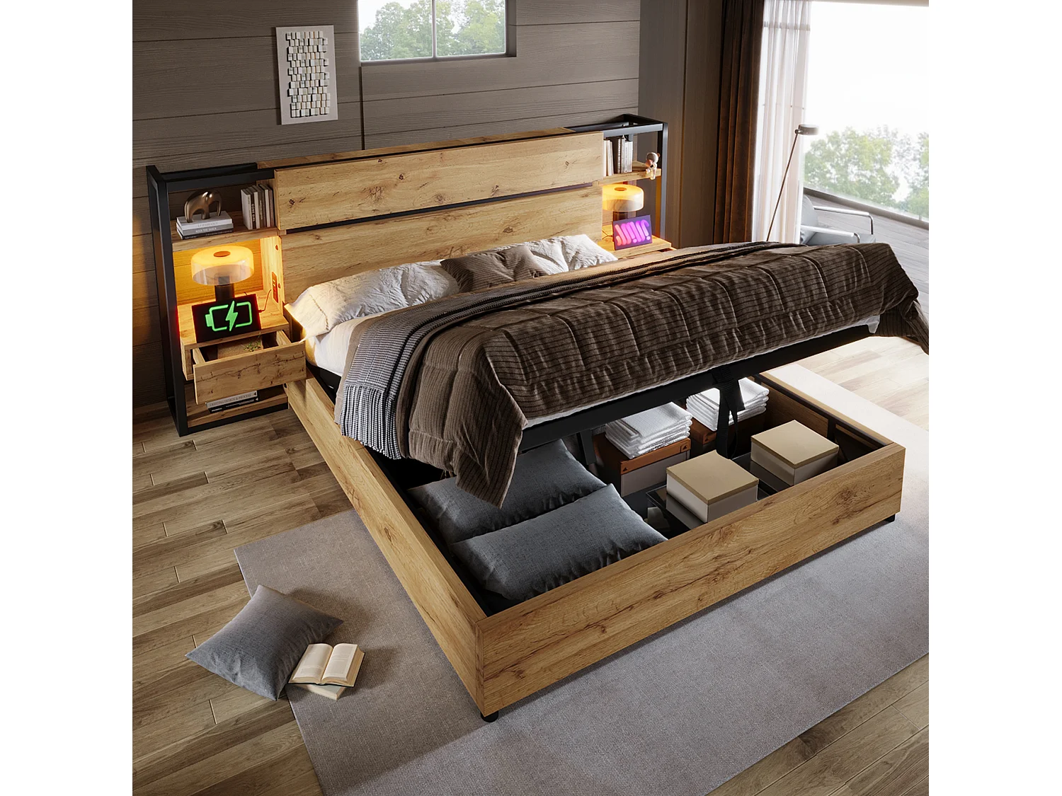Łóżko podwójne z pojemnikiem, drewniane – 180 x 200 cm – zagłówek z 2 szufladami + USB – MDF + metal – naturalne 4344627
