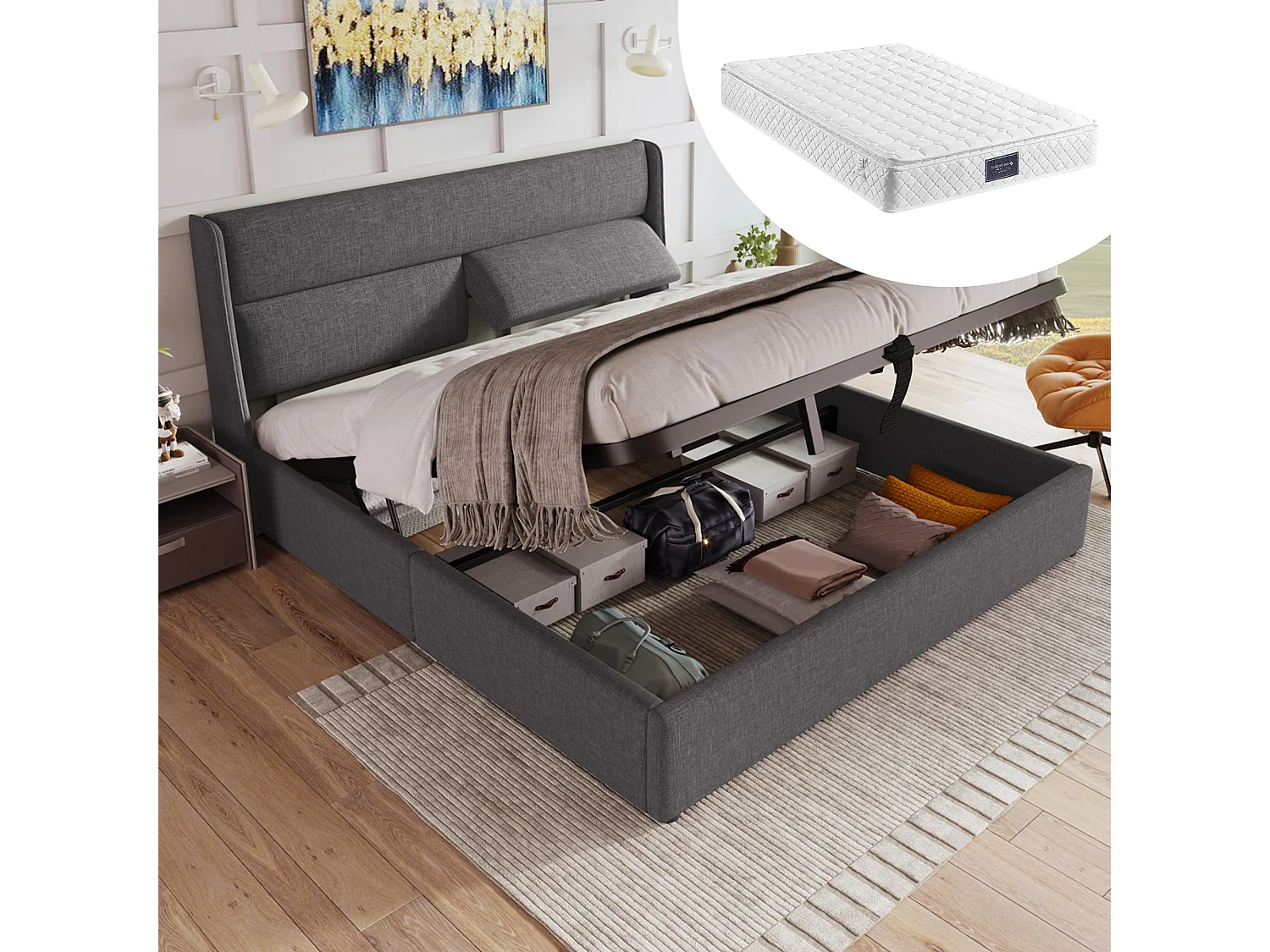 Łóżko tapicerowane dwuosobowe z pojemnikiem - 160 x 200 cm - z regulowanymi zagłówkami - z materacem - len - szare 4344630 - obrazek 1