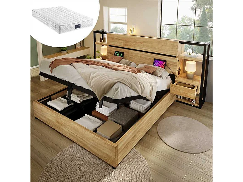 Łóżko podwójne z pojemnikiem na pościel z drewna - 160 x 200 cm - zagłówek z 2 szufladami + USB - z materacem - MDF + metal - naturalne 4344647 - obrazek 1