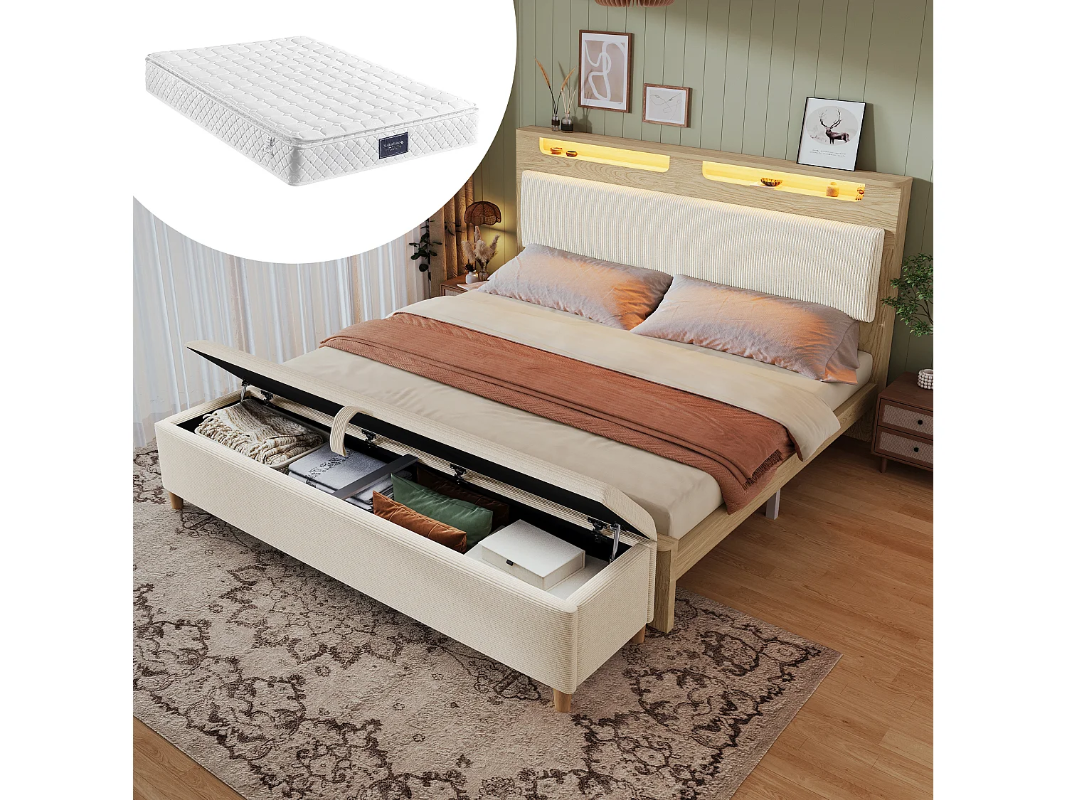 Łóżko podwójne ze schowkiem - 160 x 200 cm - zagłówek ze schowkiem + diody LED - MDF - beżowe (z materacem) 4351281 - obrazek 1